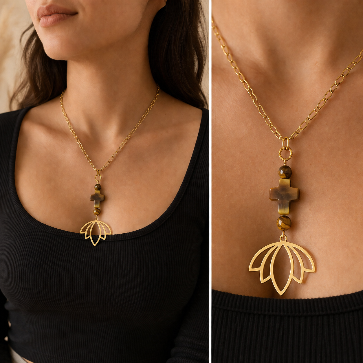 Collier Œil de Tigre Doré avec Croix et Lotus – Bijou Protection