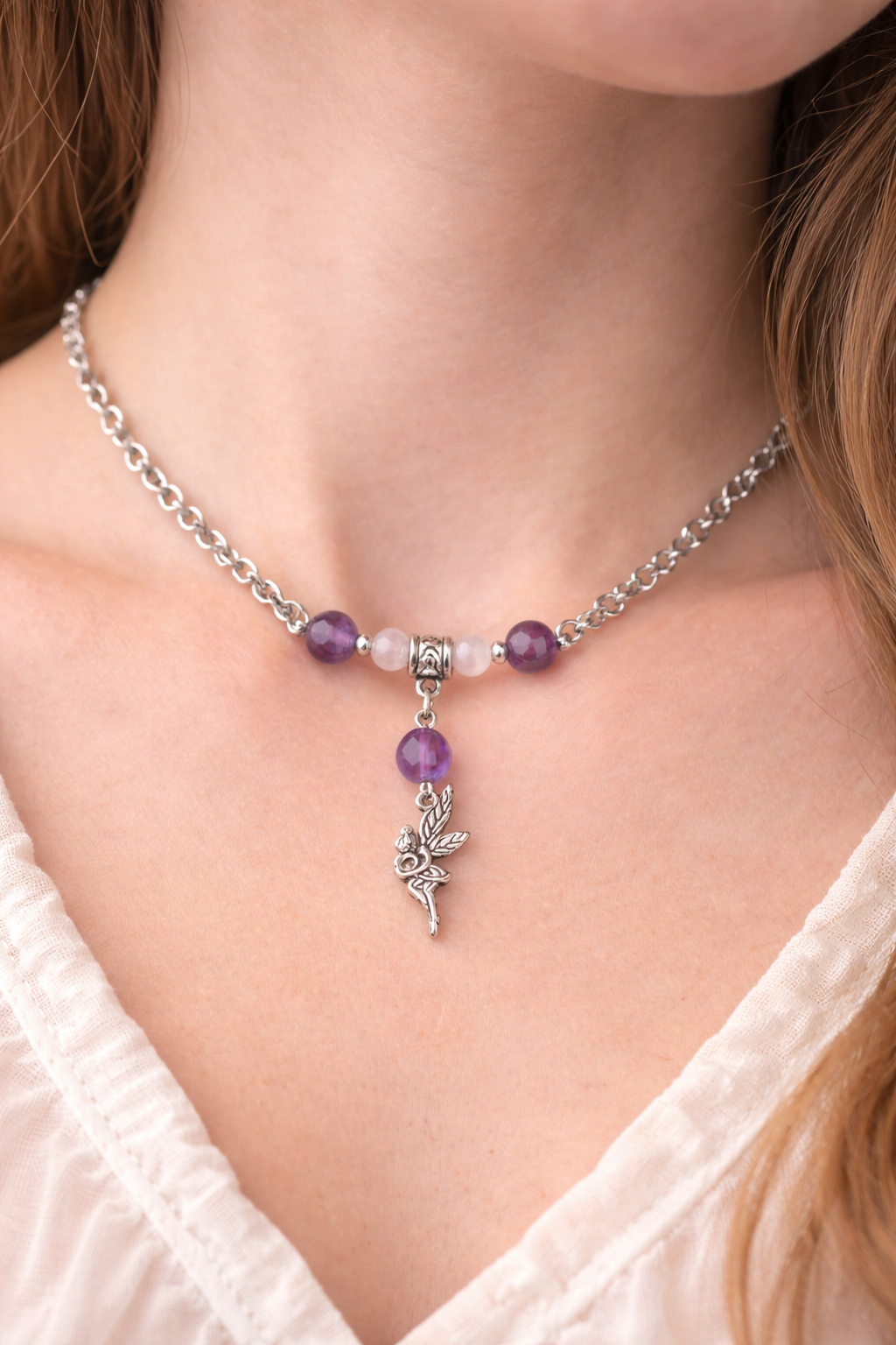 Collier Améthyste & Quartz Rose avec Pendentif Fée – Douceur & Apaisement