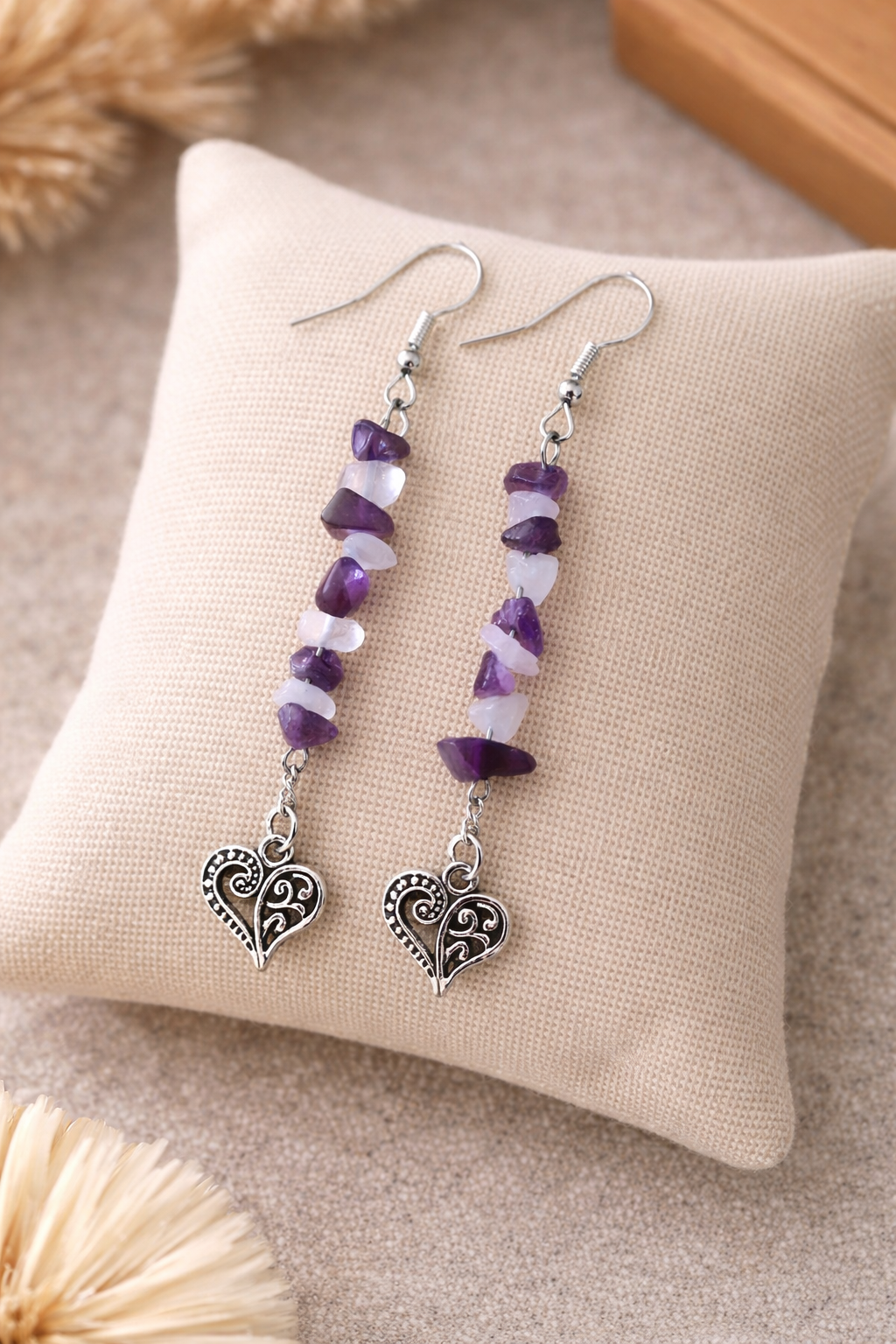 Boucles d’Oreilles Chips Améthyste & Quartz Rose – Pierres Naturelles