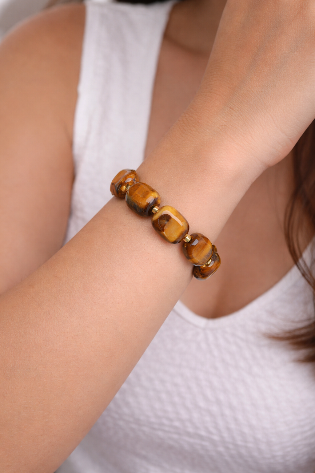 Bracelet en œil de tigre naturel – perles ovales – pierre de protection et de confiance