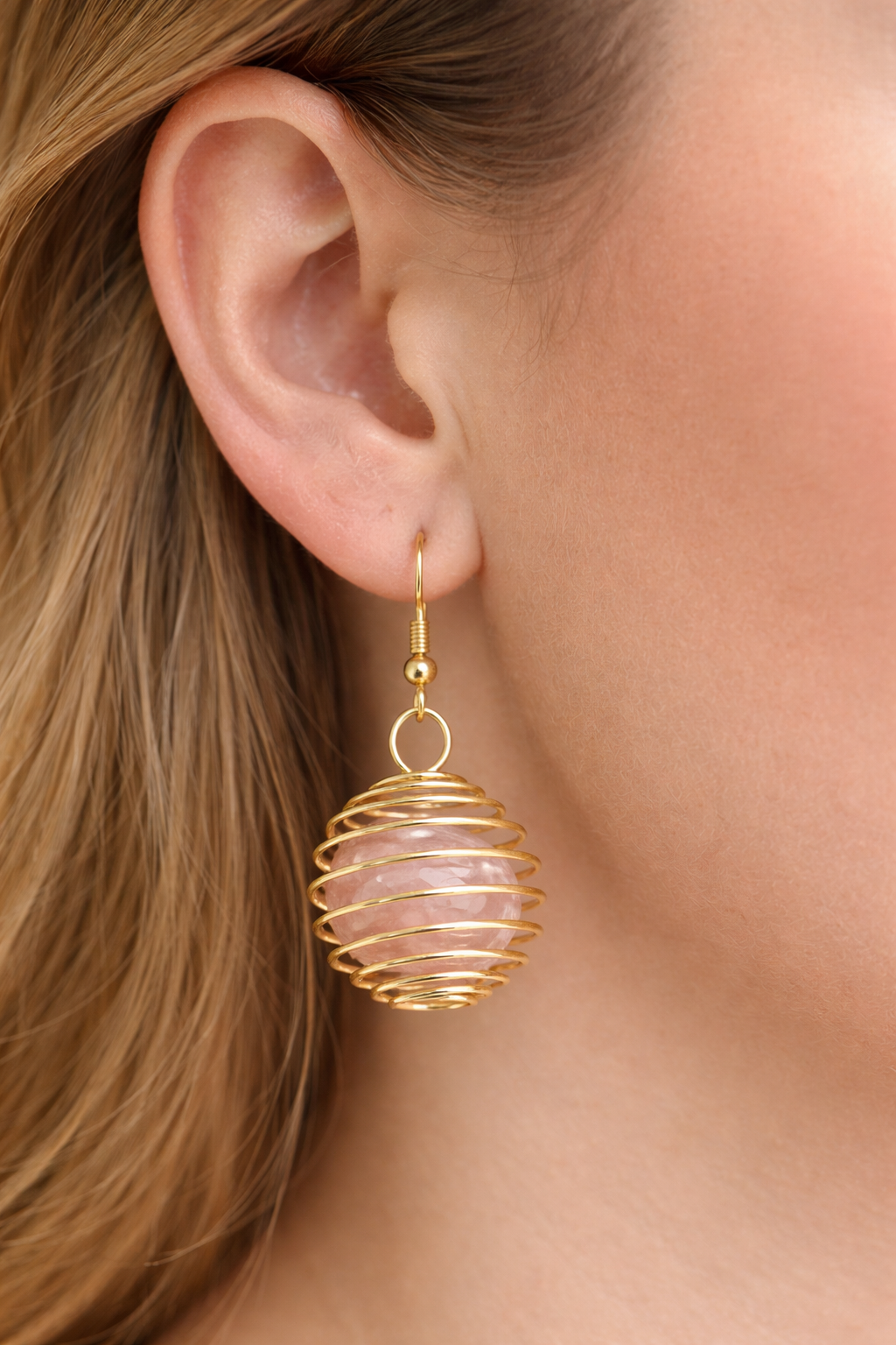 Boucles d’oreilles pierres naturelles en cage dorée – Améthyste, Quartz rose, Œil de tigre