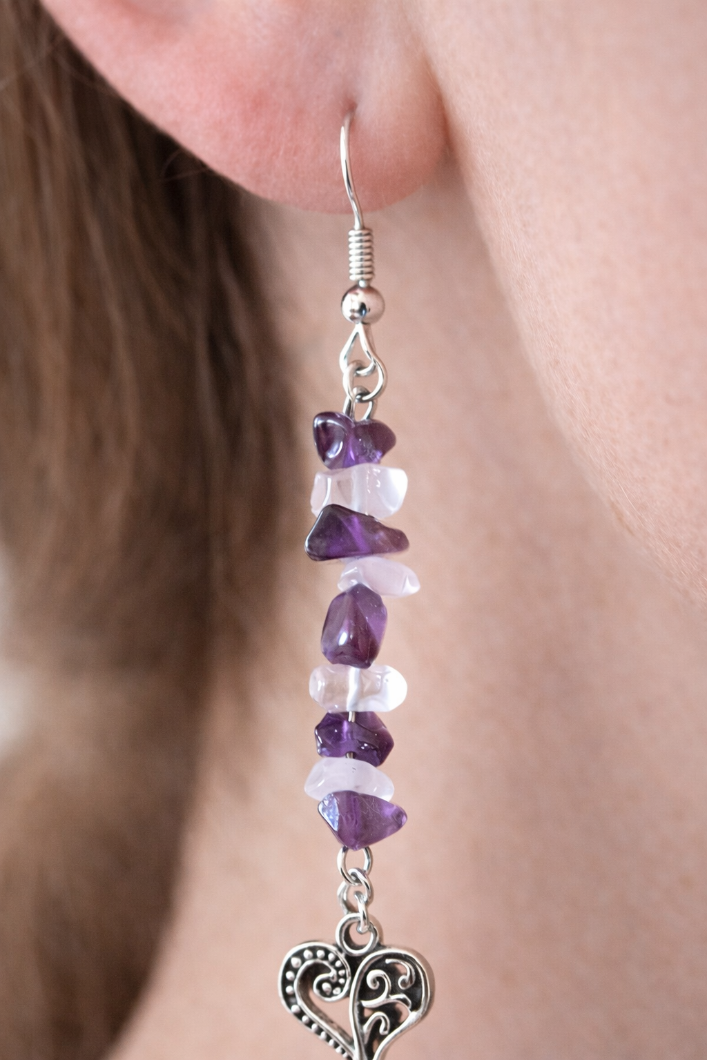 Boucles d’Oreilles Chips Améthyste & Quartz Rose – Pierres Naturelles