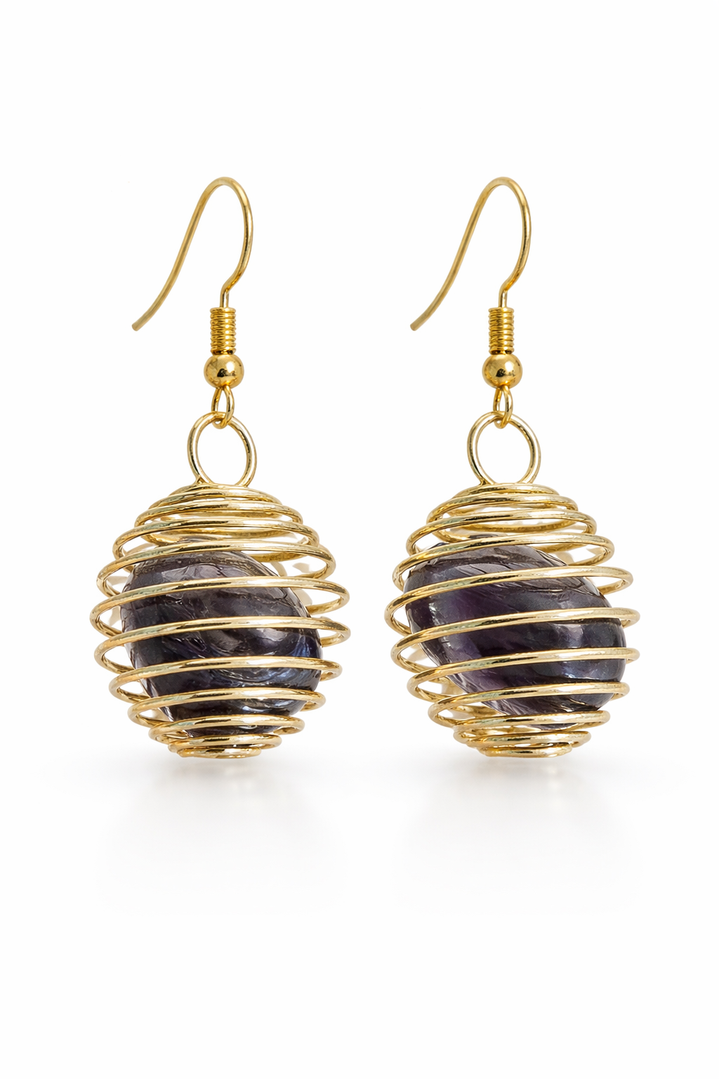 Boucles d’oreilles pierres naturelles en cage dorée – Améthyste, Quartz rose, Œil de tigre