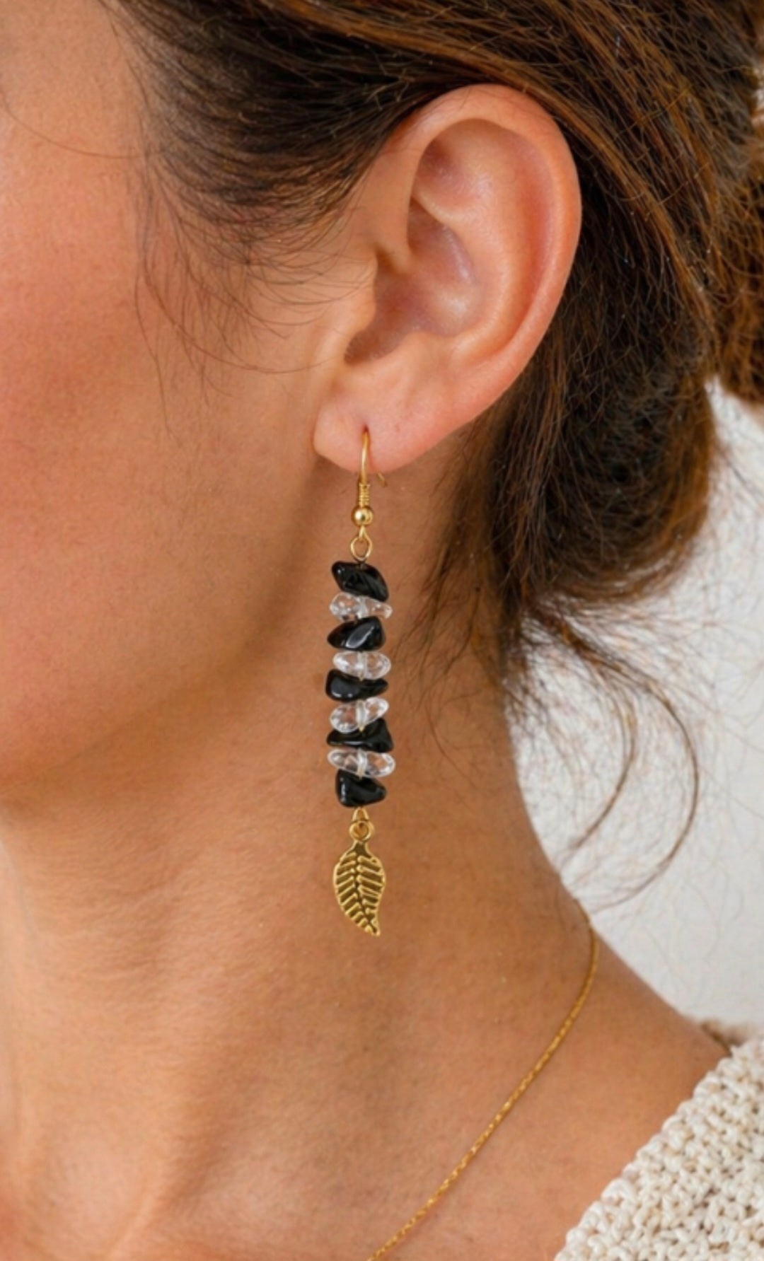 Boucles d’oreilles Protection & Lumière – Obsidienne, Cristal de Roche et feuille dorée