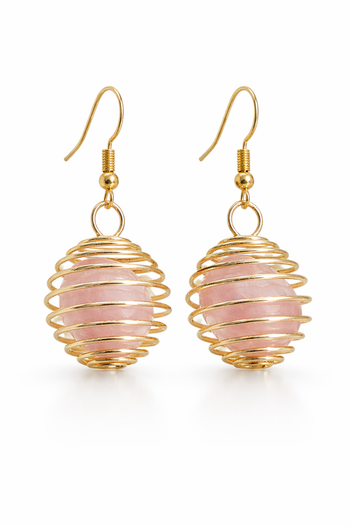 Boucles d’oreilles pierres naturelles en cage dorée – Améthyste, Quartz rose, Œil de tigre