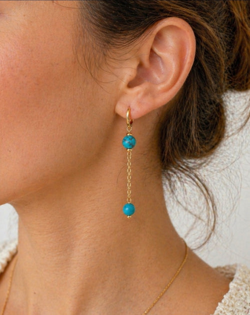 Boucles d’oreilles pendantes Turquoise de Chine – Chaîne dorée